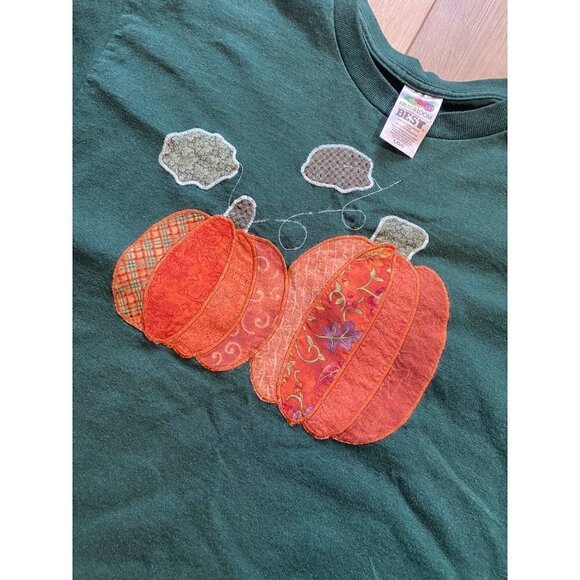 Vintage Patchwork Pumpkins Autumn Long Sleeve Shirt Large Orange Green - Picture 4 of 6